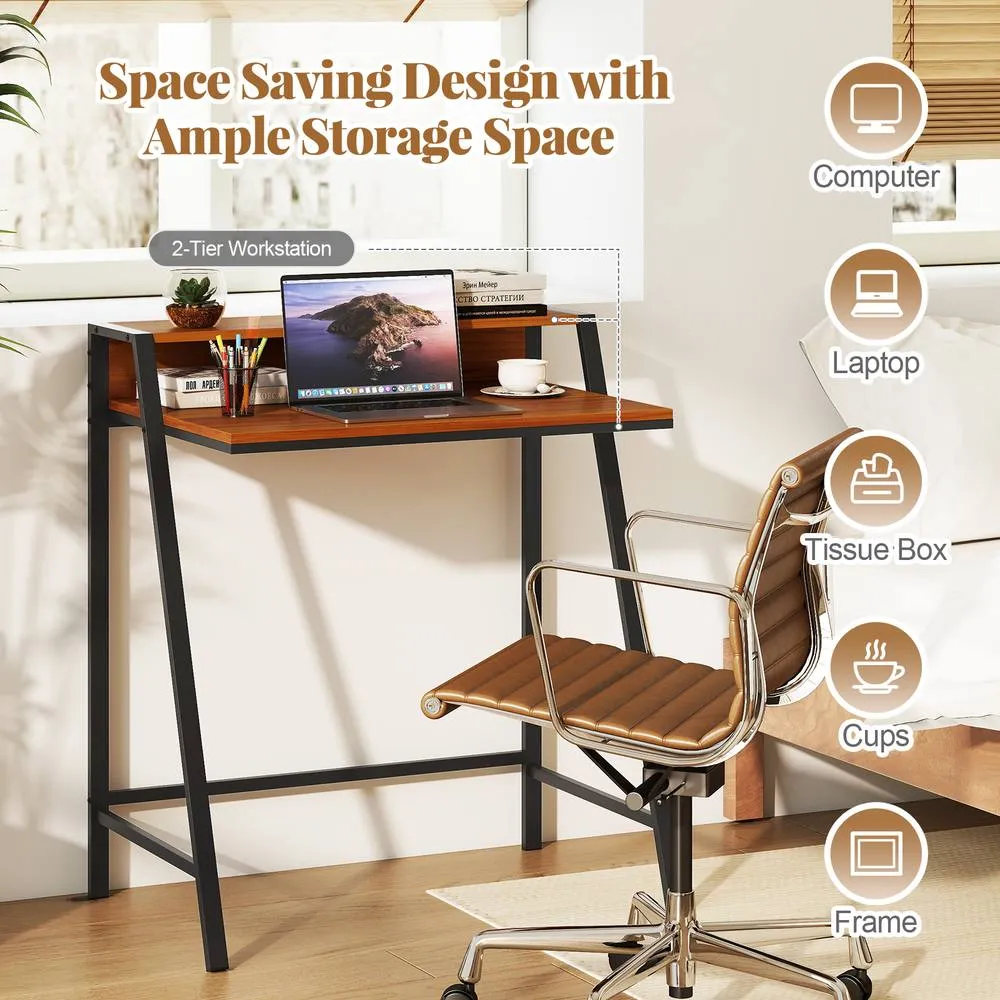 Costway Computer Desk 80 CM Small Desk Compact Desk with Monitor Stand-Coffee in Brown 6