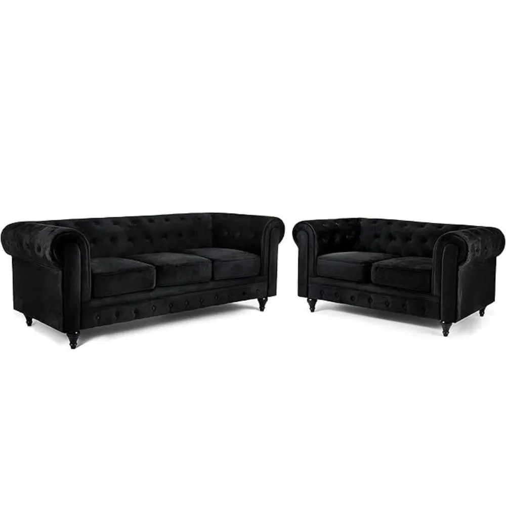 Bliss Furniture Velvet Chesterfield 3+2 Seater Sofa in Black