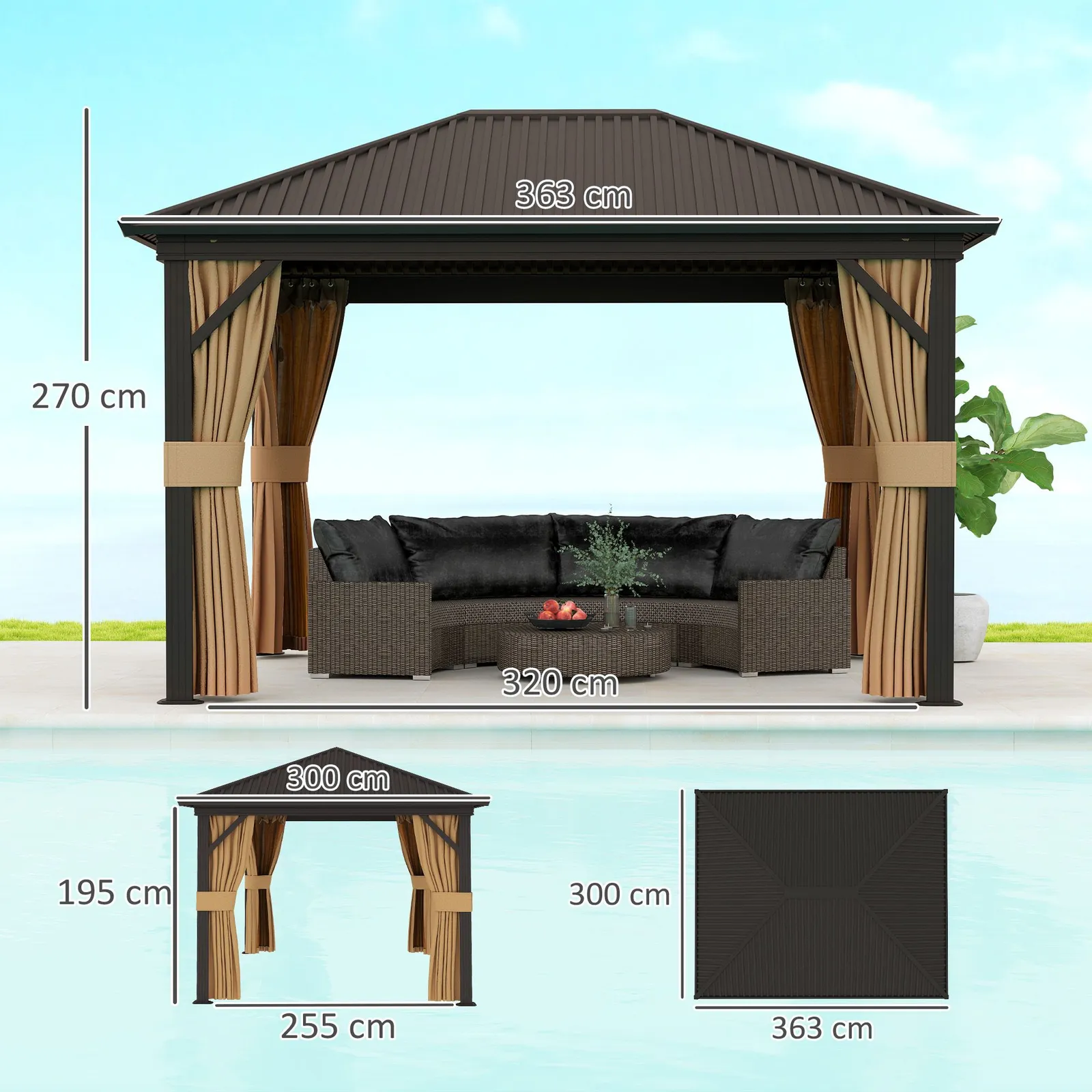 OUTSUNNY 3.6 x 3(m) Metal Garden Hardtop Gazebo with Screened Curtain Brown 3