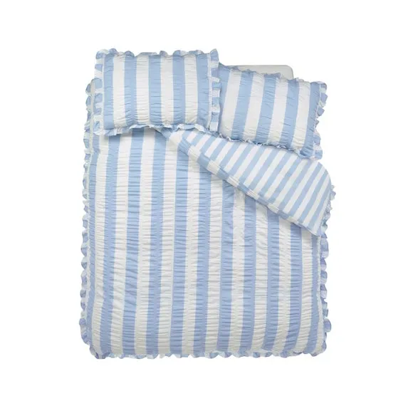Catherine Lansfield Seersucker Frill Stripe Polycotton Duvet Cover & Pillowcase Set 4