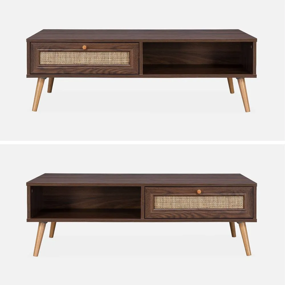 sweeek Coffee Table With Wood & Cane Effect in Dark Brown 2