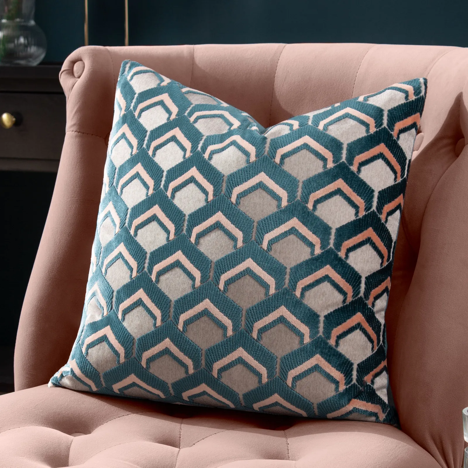 Paoletti Ledbury Geometric Velvet Cushion in Rose 1