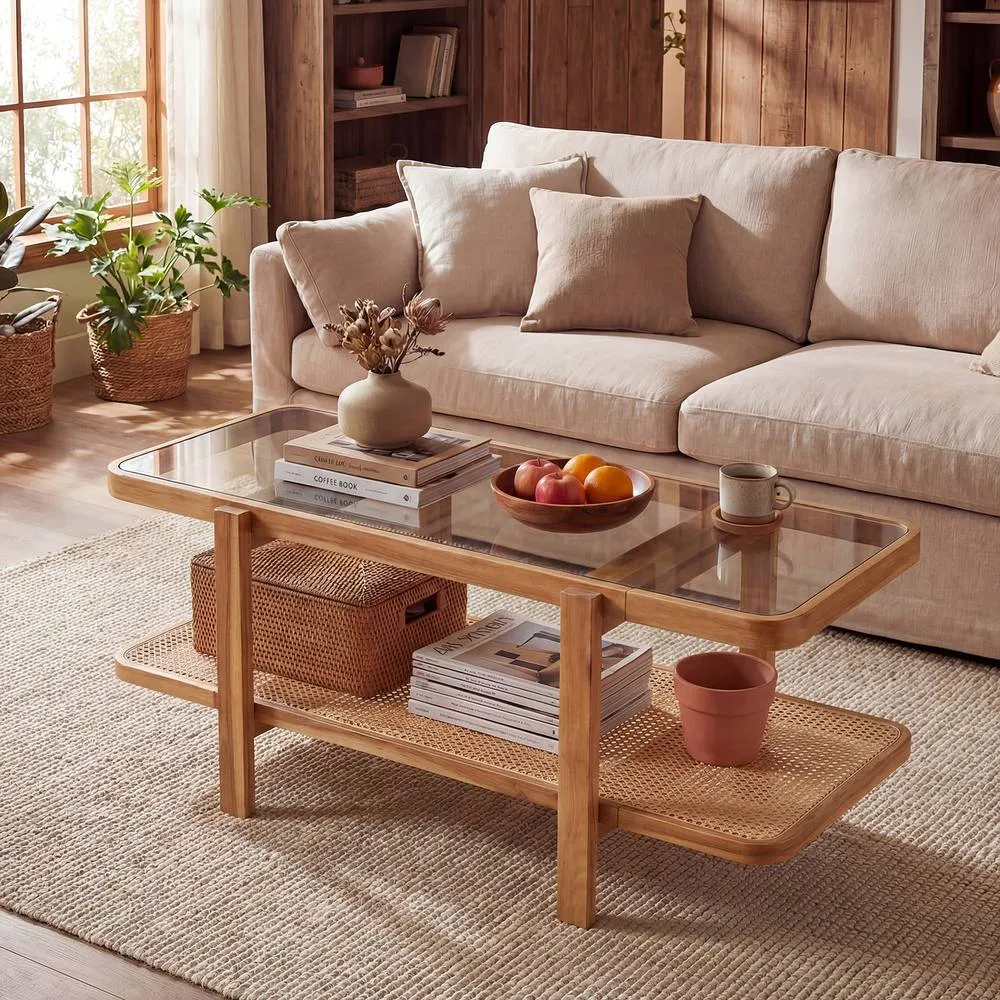 Costway 2-Tier Coffee Table w/ PE Rattan Shelf Table w/ Glass Tabletop in Brown 3