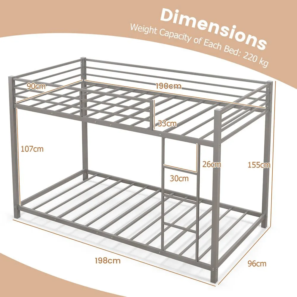 Costway Single Metal Bunk Bed Floor Bed Frame w/Ladder &Full-length Guardrails in Silver 2