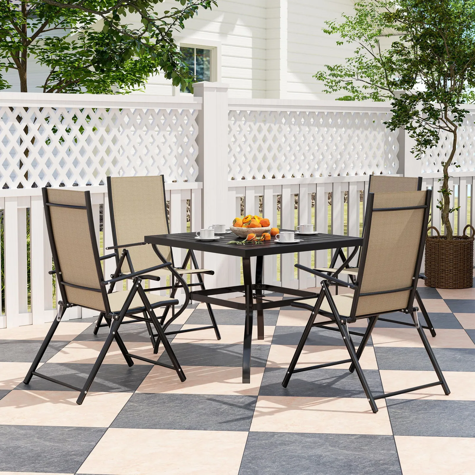 OUTSUNNY 5 PCs Garden Dining Set, Folding Chairs & Metal Top Table, Khaki