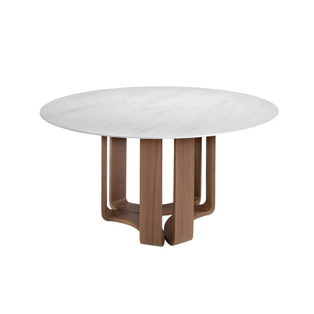 Angel Cerda Round Dining Table White Porcelain Marble Top, Walnut 6