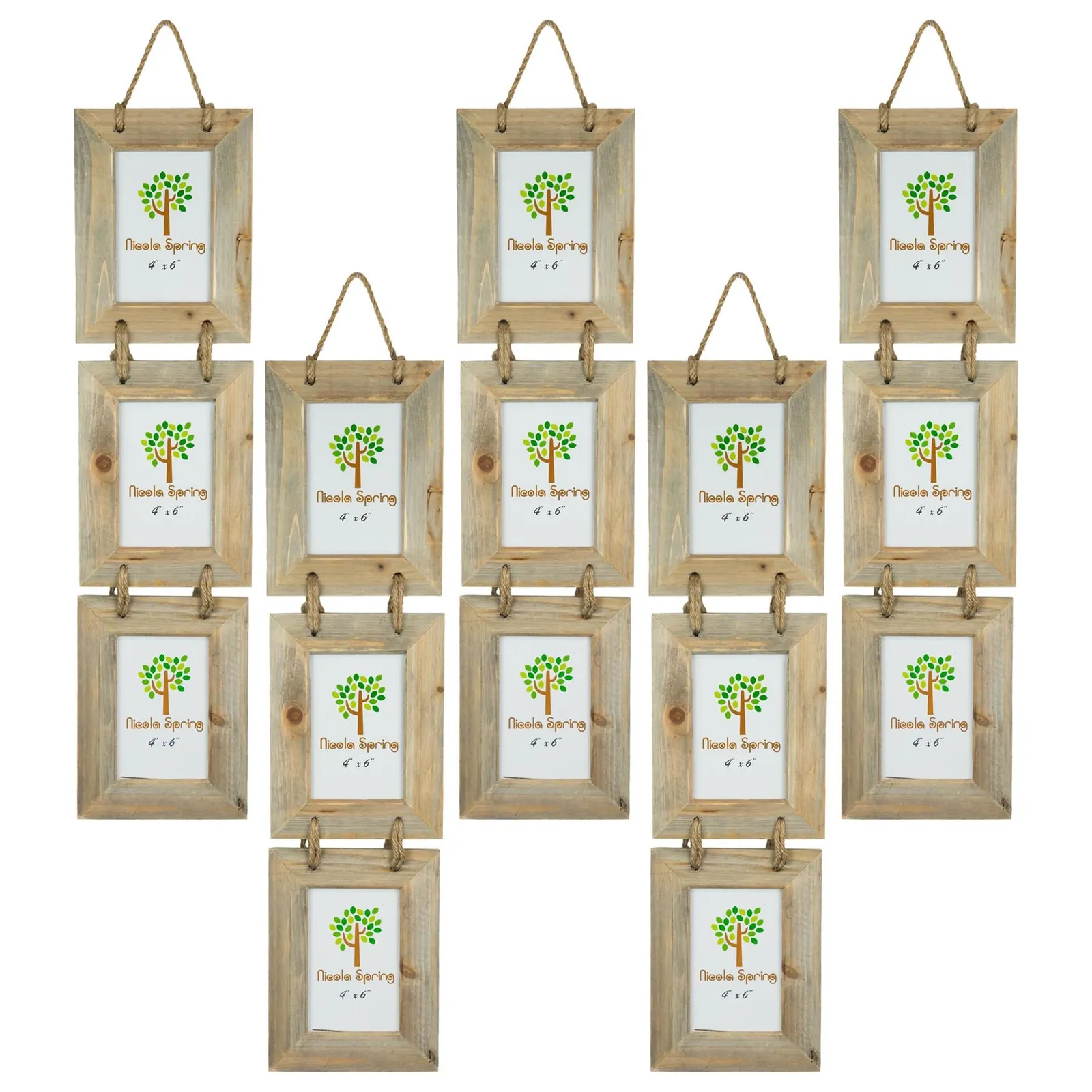 Nicola Spring Rustic Wooden Hanging 3 Photo Frames - 4 x 6" - Natural - Pack of 5