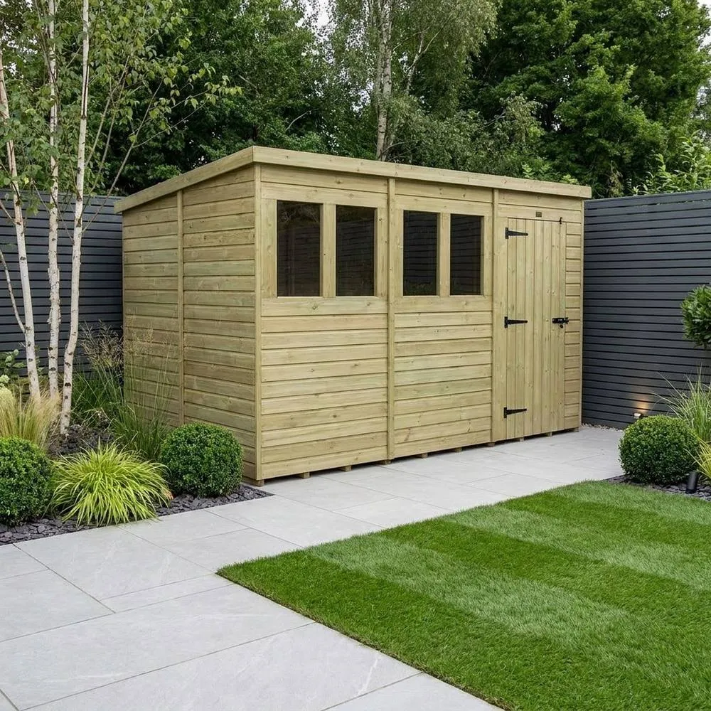 Buttercup Farm 12ft x 9ft Pent Garden Shed Single Door With Windows - Timber in Brown 2