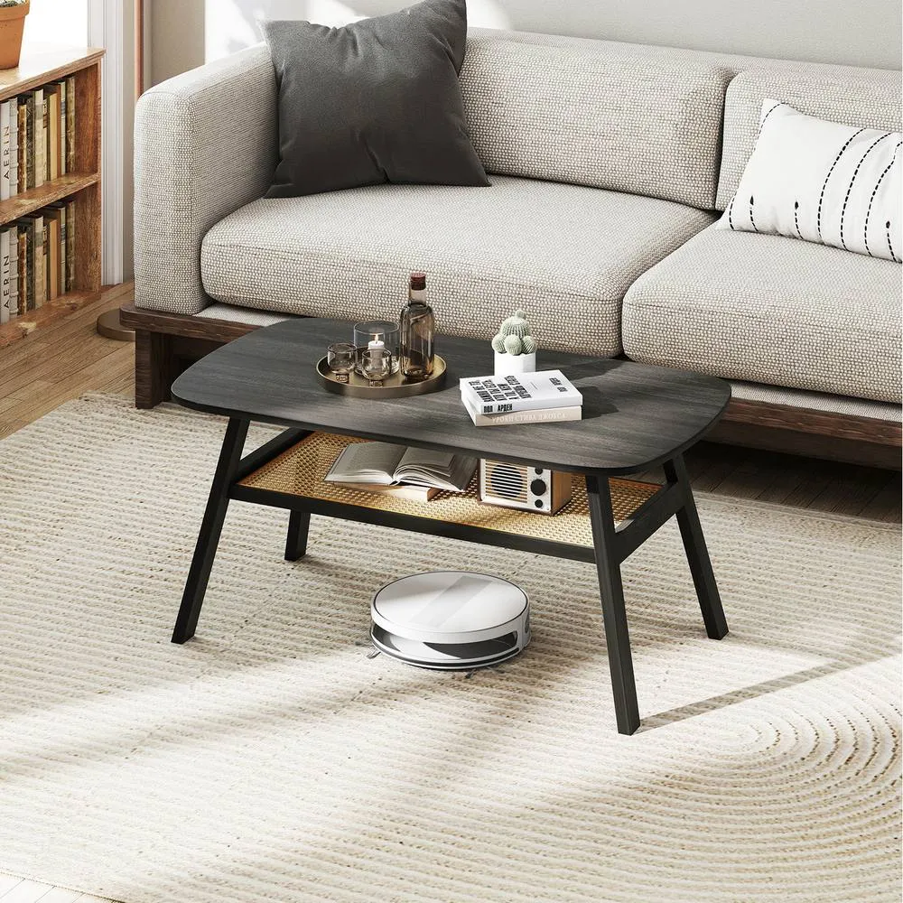 Costway 2-Tier Coffee Table Rectangular Center Table w/Storage Shelf-Black in Dark Grey