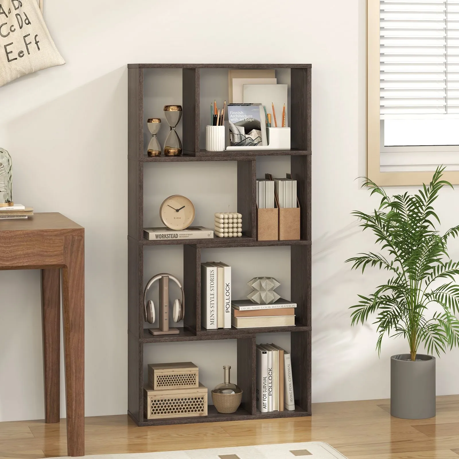 Costway 5-Tier Geometric Bookshelf 120 CM Tall Bookcase Modern 8-Cube Display Shelving in Grey 5
