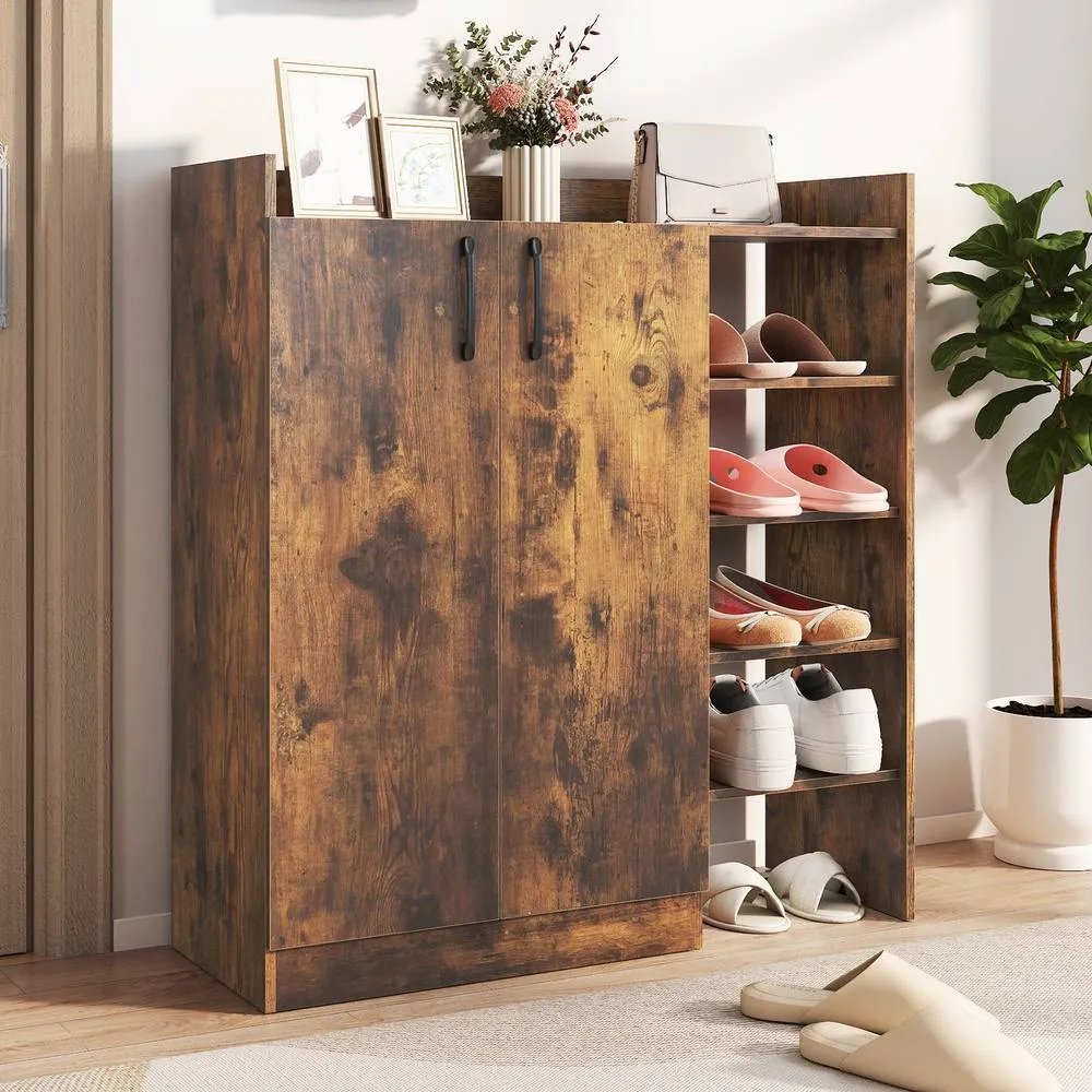 Costway Industrial Shoe Cabinet Shoe Wooden Storage Organizer w/4 Open Shelves in Brown