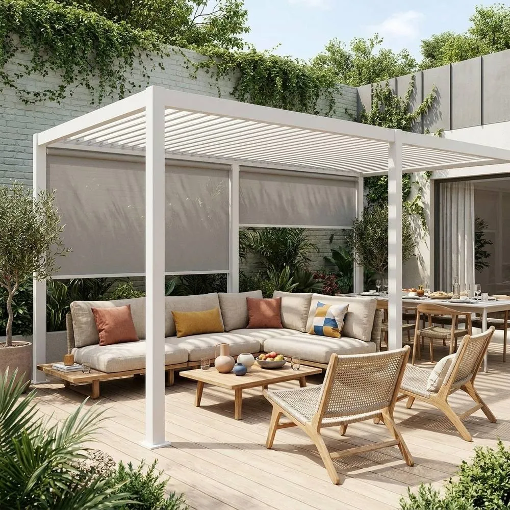 sweeek Louvered Pergola Aluminium 6 X 3m & 2 3m Blinds in White