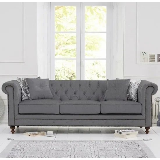 Mentor Fabric 3 Seater Sofa In Grey Linen With Dark Ash Legs