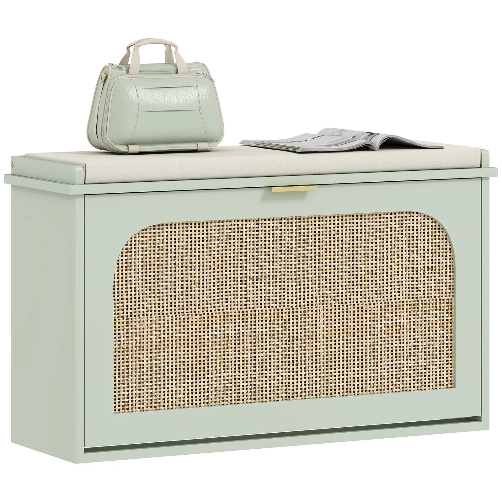 HOMCOM Boho Shoe Bench with Padded Seat & Flip-Drawer in Light Green 2