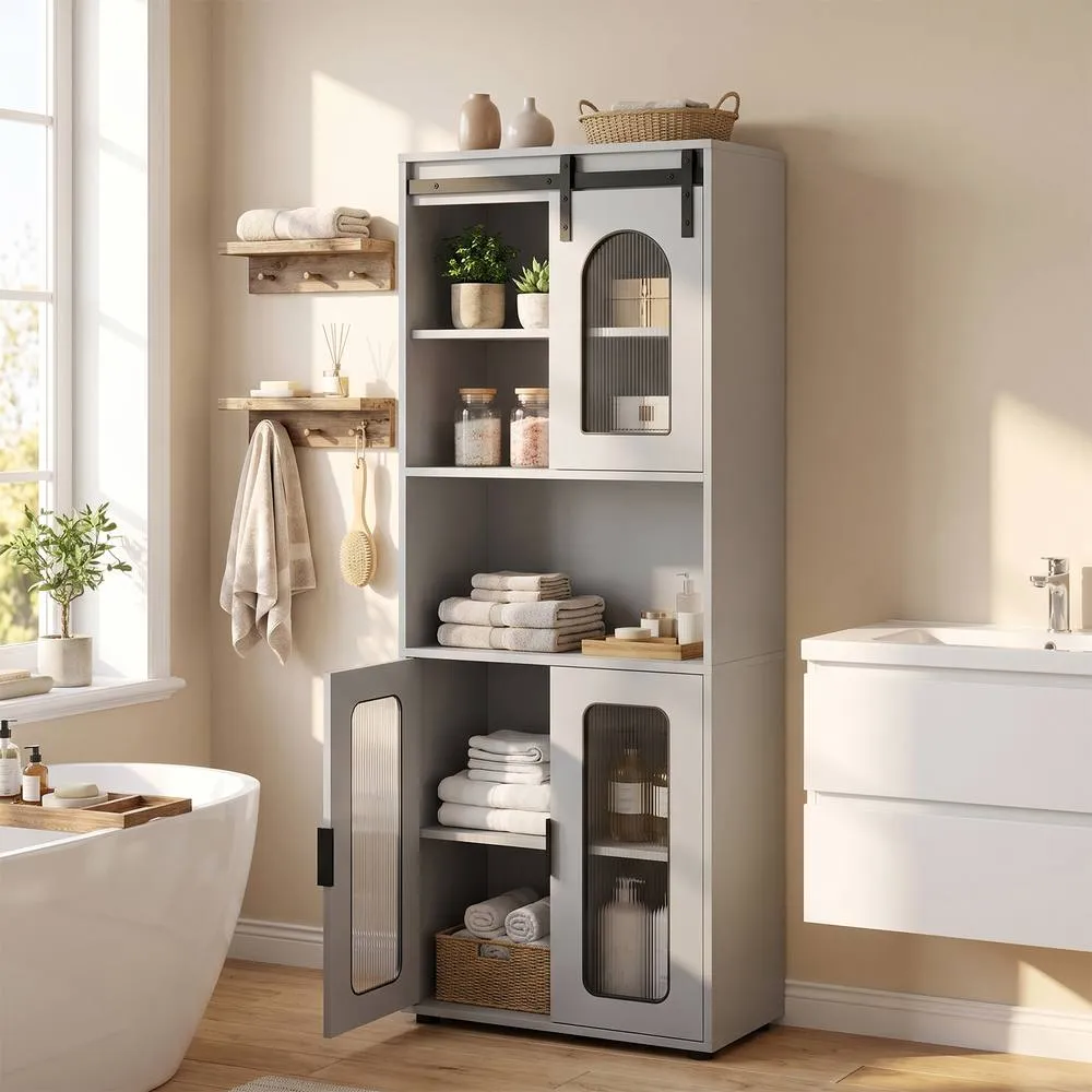 Costway Farmhouse Bathroom Floor Cabinet Sliding Barn Door Shelves in Grey 5