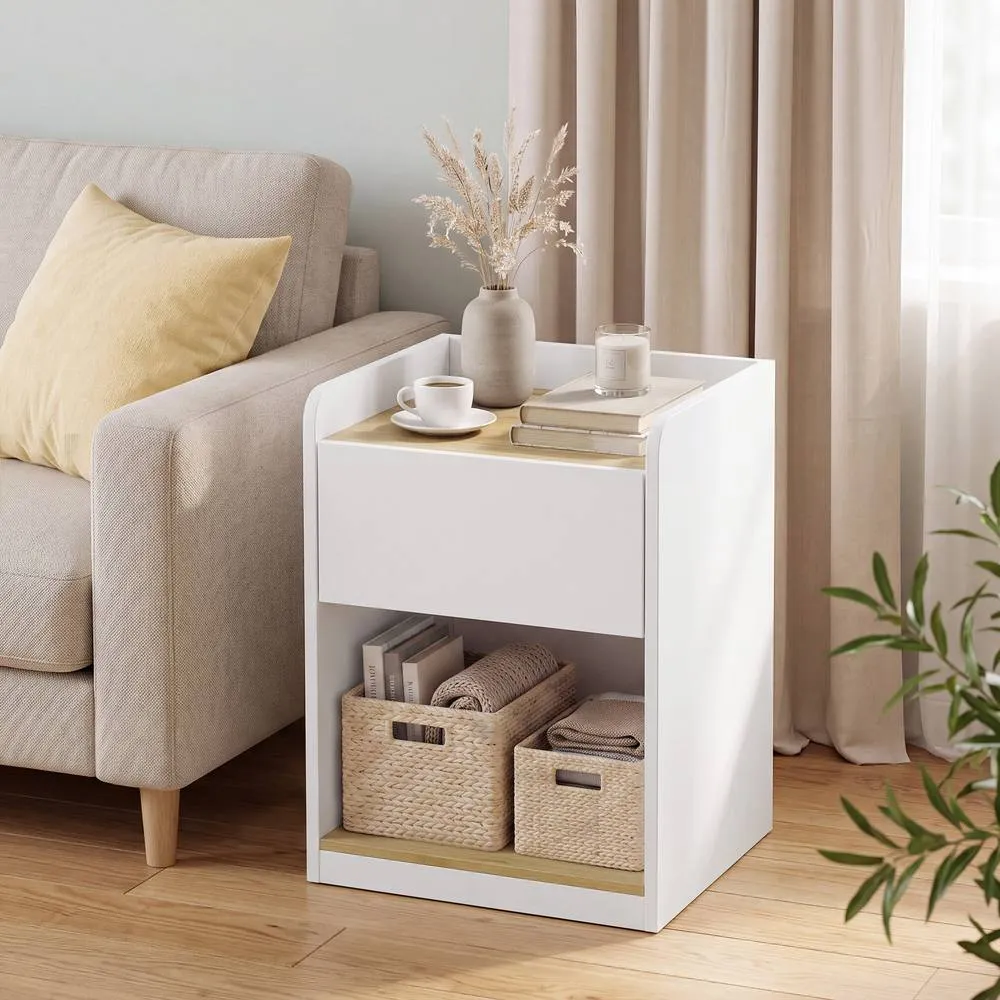 HOMCOM Bedside Table with Drawer & Shelf, White & Oak 2