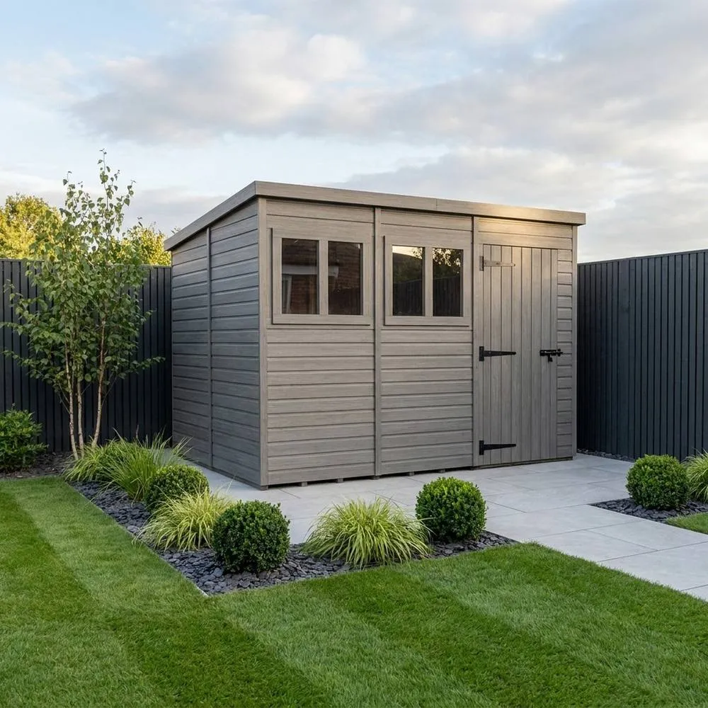 Buttercup Farm 12ft x 9ft Composite Pent Garden Shed Single Door With Windows in Grey 2