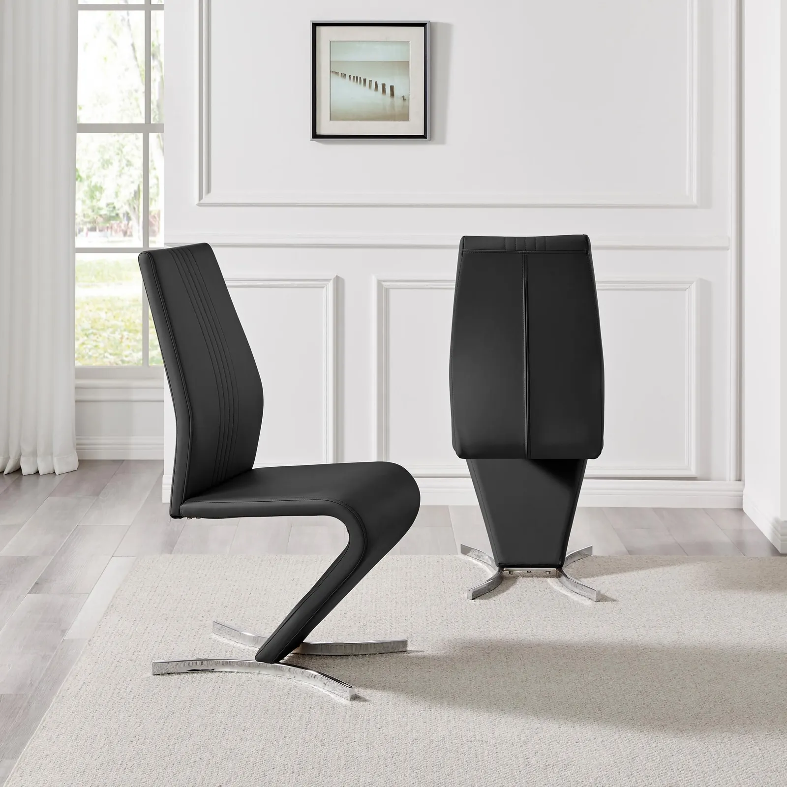 FurnitureboxUK Set of 2 Willow Contemporary Z Shaped Faux Leather Dining Chairs With Silver Chrome Metal Legs in Black 3