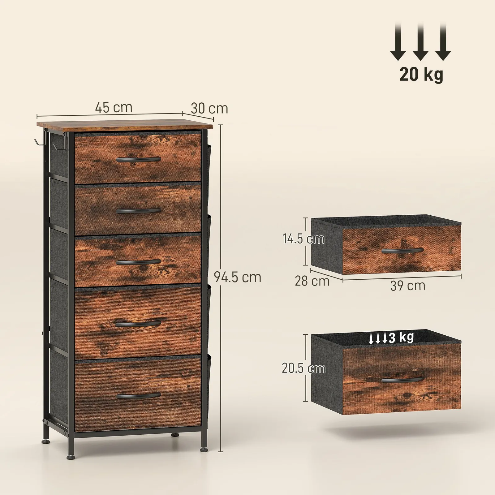 HOMCOM Fabric Chest of Drawers, Drawer Dresser for Bedroom in Brown 3