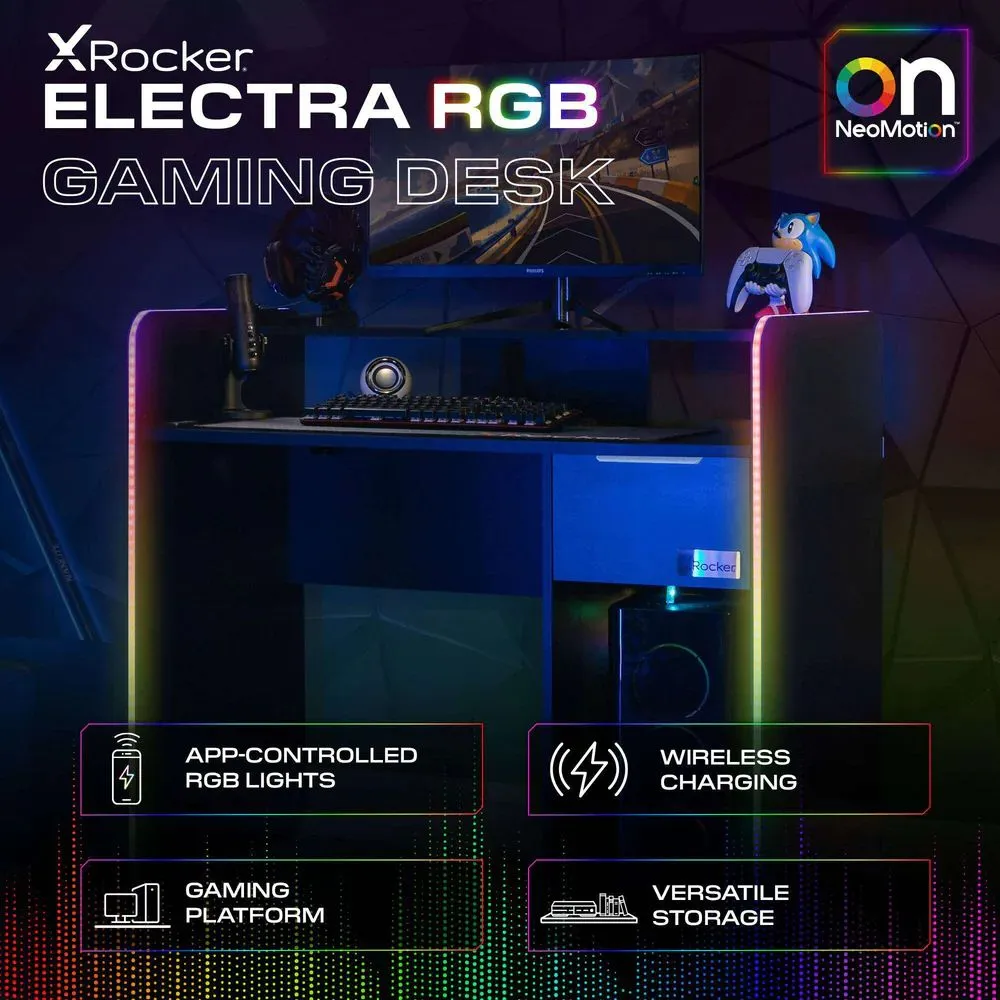 X Rocker Electra 110cm LED Gaming Desk with Wireless Charging & Drawer in Black 2