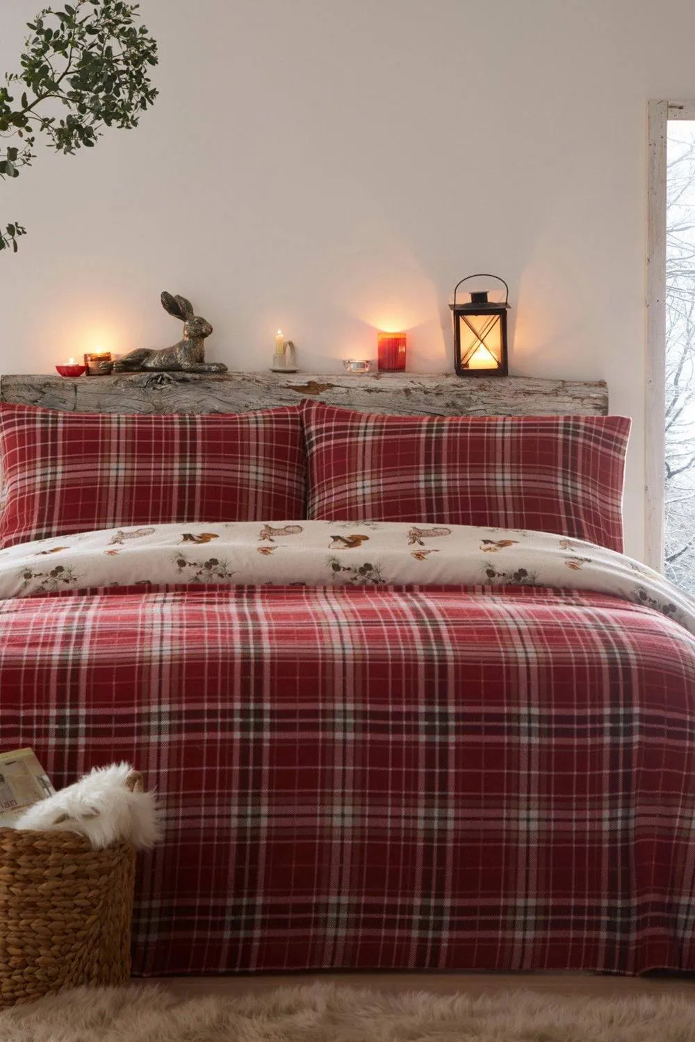 Dreams & Drapes 'Derwent Check' Brushed Cotton Reversible Woodland Animal Print Duvet Cover Set in Natural 1