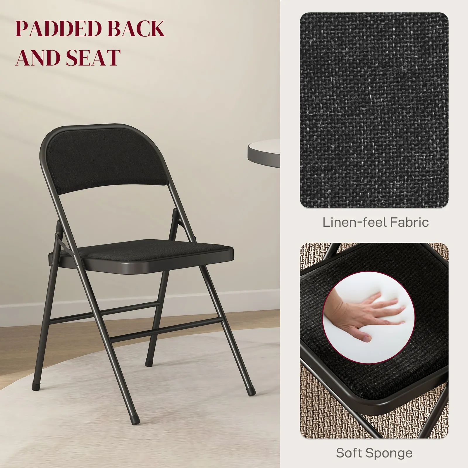 HOMCOM 4 Pack Linen-Look Padded Folding Chairs with Cushioned Seat Black 4