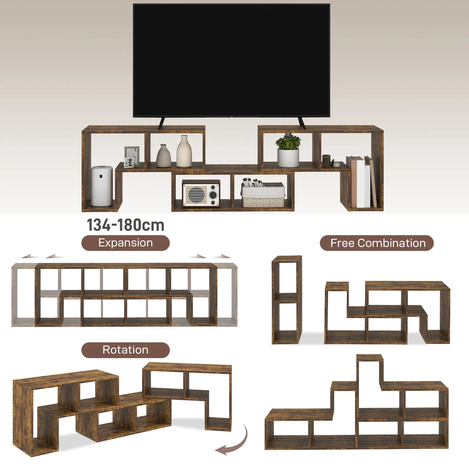 HOMCOM TV Unit for TVs up to 75 Inches, Free Combination TV Stand in Brown 4