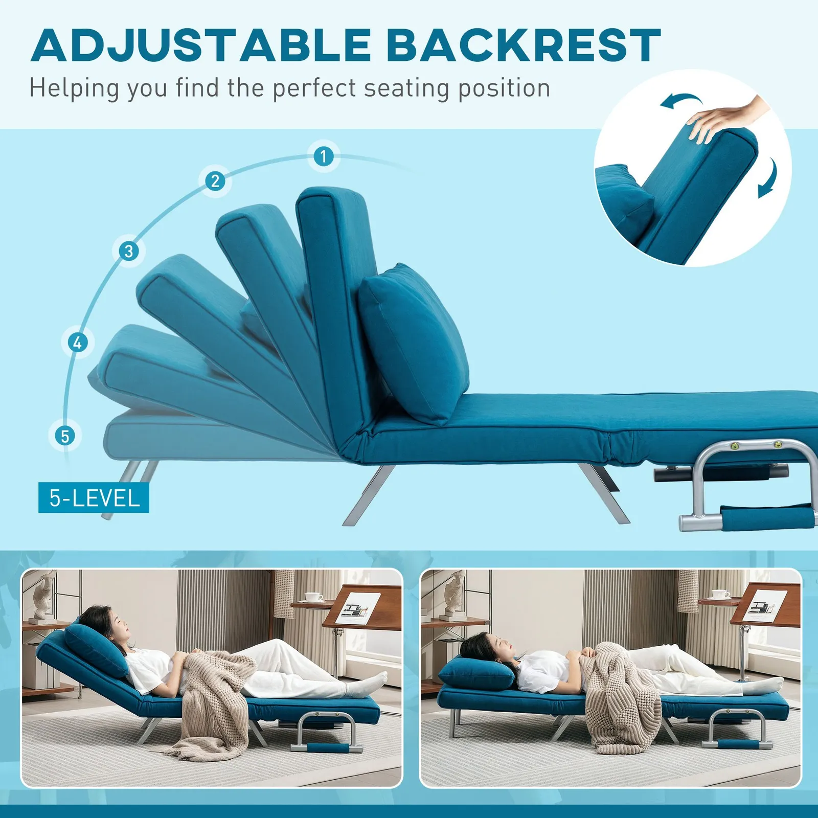 HOMCOM Single Folding 5 Position Convertible Guest Sleeper Chair Bed, Blue 4