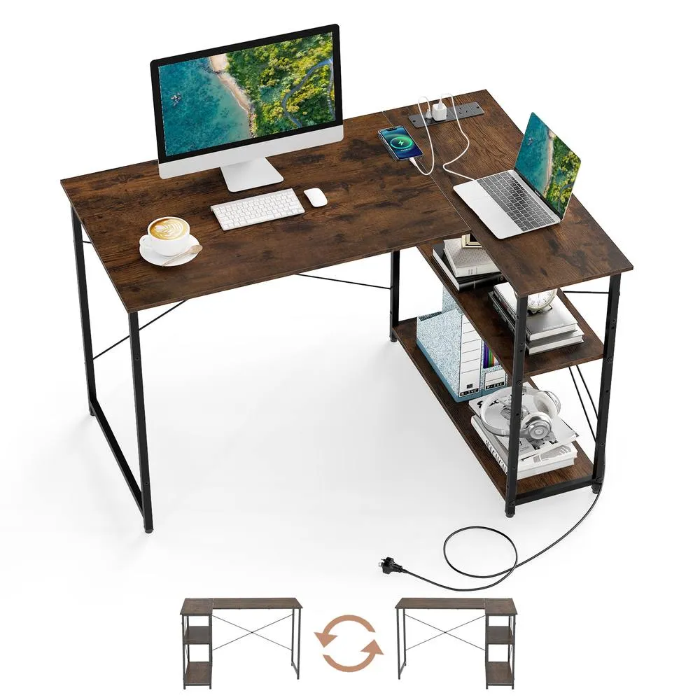 Costway L-shaped Computer Desk w/Power Outlet Workstation w/Reversible Shelves in Brown 2