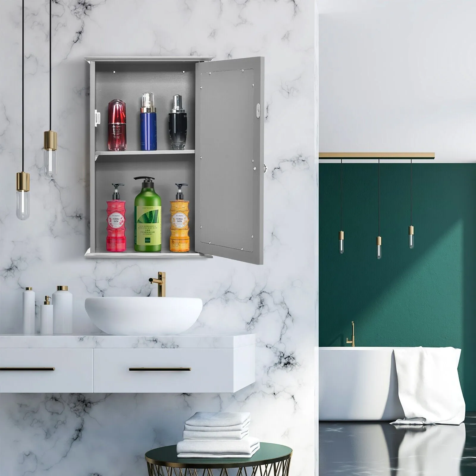 Costway Bathroom Mirror Cabinet Wall Mounted Storage Cupboard Mirrored Medicine Cabinet in Grey 3