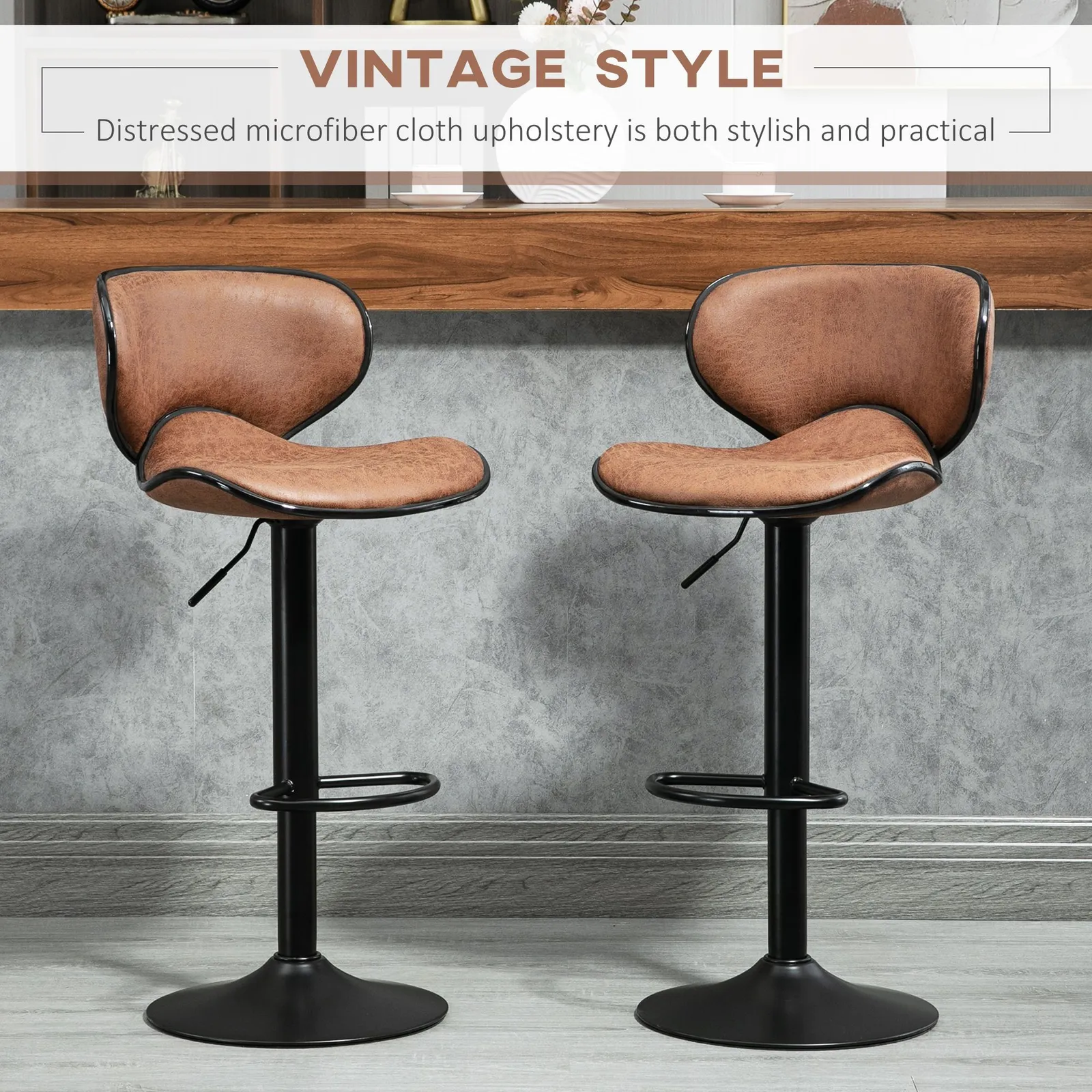 HOMCOM Bar Stool Set of 2 Faux Leather Adjustable Height Armless Chairs in Brown 4