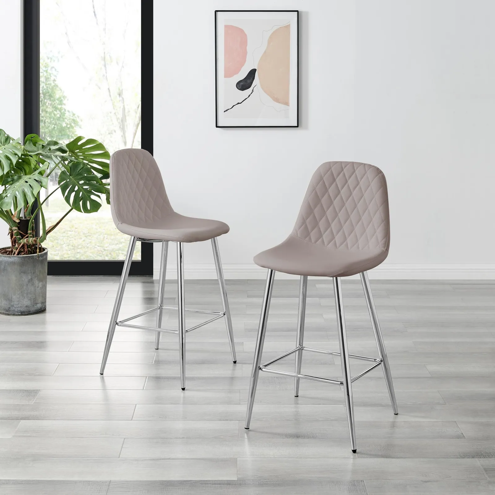 FurnitureboxUK Corona Set of 2 Counter Stools - Faux Leather Counter Stools With Silver Legs - Kitchen Island Stool in Beige 2