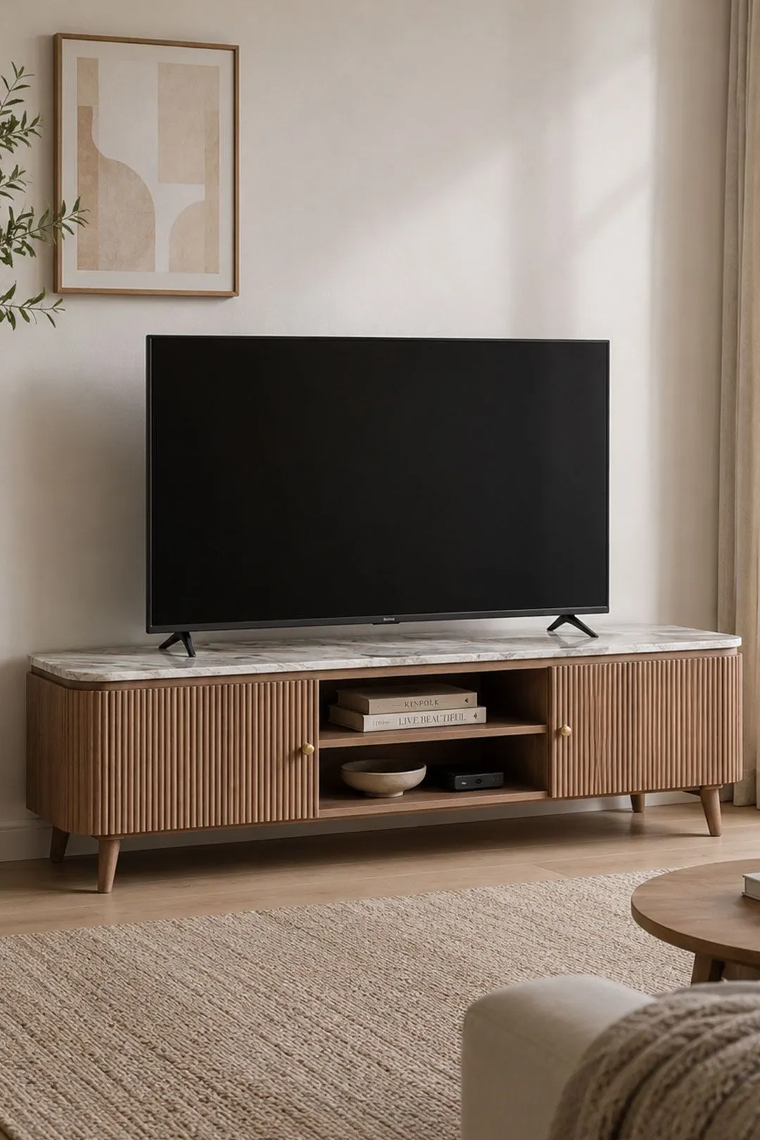 IH Design Bundi Natural Marble & Wood Large Tv Cabinet in Brown