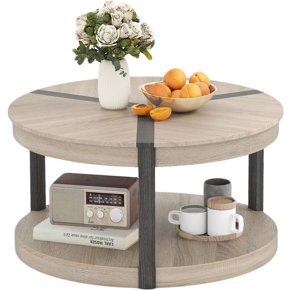 Costway 2-Tier Round Coffee Table 88CM Rubber Wood Center Table w/Shelf-Oak in Light Oak