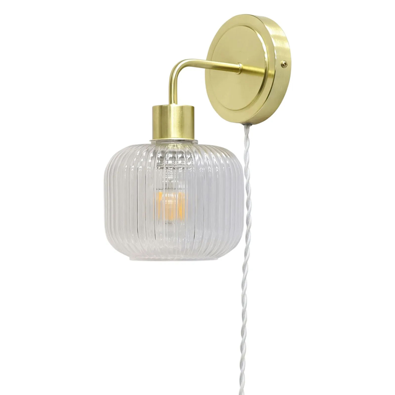 First Choice Lighting Set of 2 Toby - Satin Brass Plug in Wall Lights Ribbed Glass Shades in Gold 3