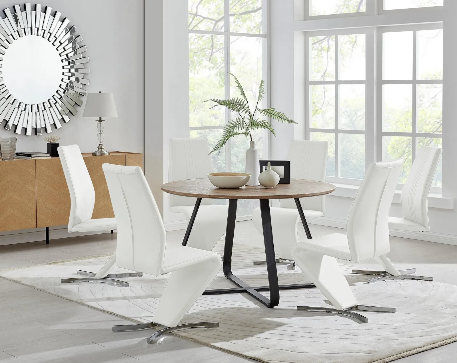 FurnitureboxUK Santorini Brown Wood Effect Dining Table & 6 Willow Chairs in Off-White 1