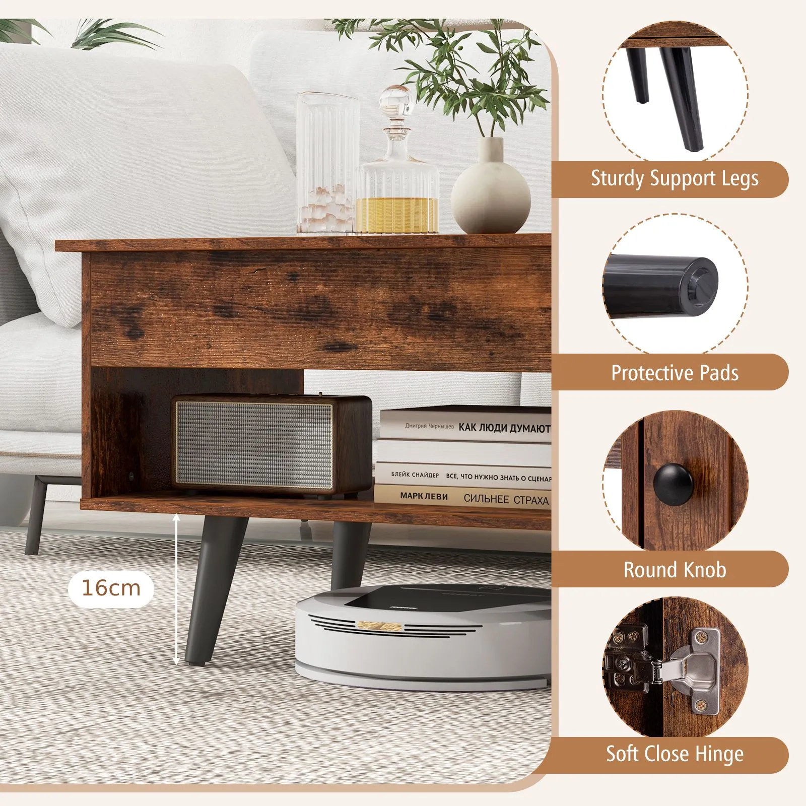 Costway Lift Top Coffee Table Pull up Coffee Table w/ Storage in Brown 6