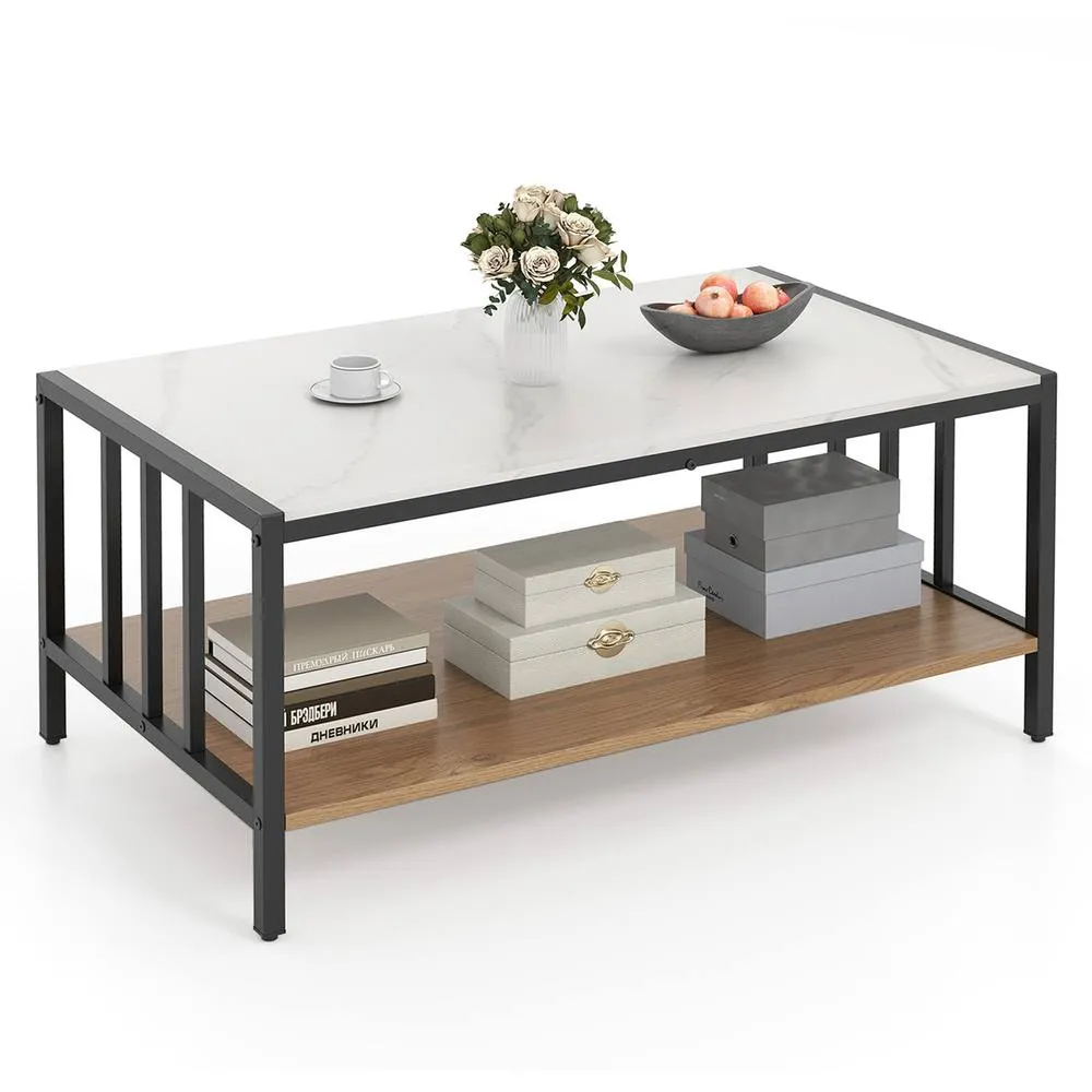 Costway 2-Tier Coffee Table Rectangular Center Table w/Storage Shelf-White in White