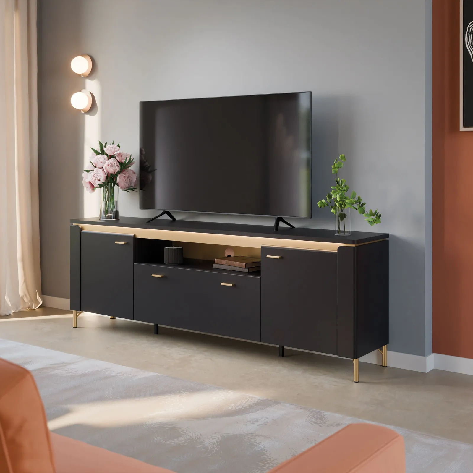 Furniture To Go Genoa TV Cabinet 2 Door 1 Drawer 200cm Wide in Black Matt/Gold 3