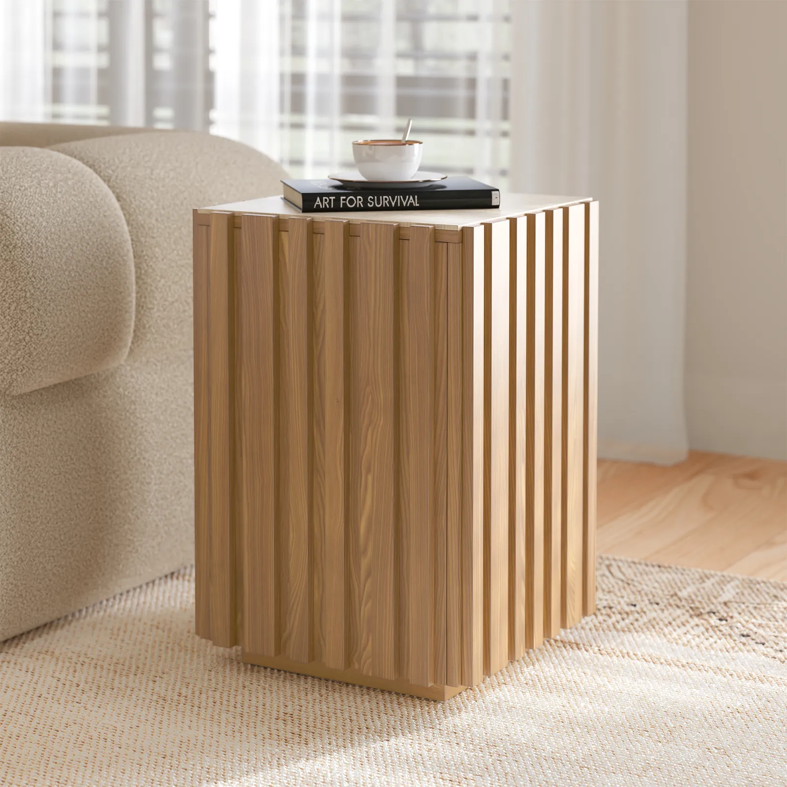 Aura Ash Wood Fluted Natural Side Table with Sintered Stone Top