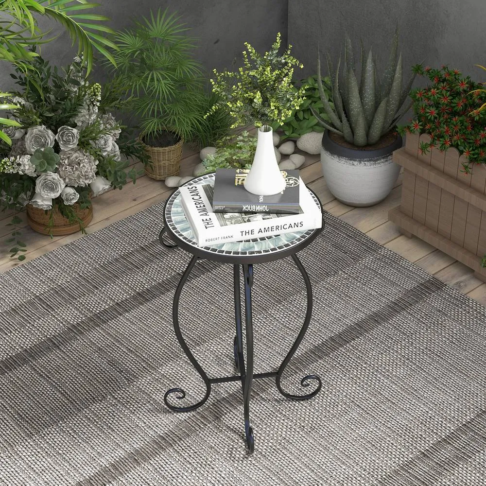 Costway Mosaic Outdoor Side Table Round End Table with Tile Tabletop in Black 4
