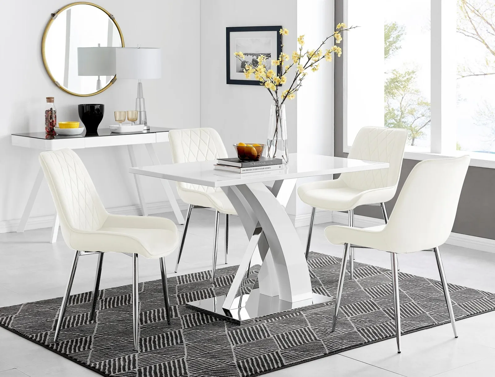 FurnitureboxUK Atlanta White High Gloss & Chrome 4 Seater Dining Table with X Shaped Legs & 4 Soft Velvet Pesaro Chairs in Cream