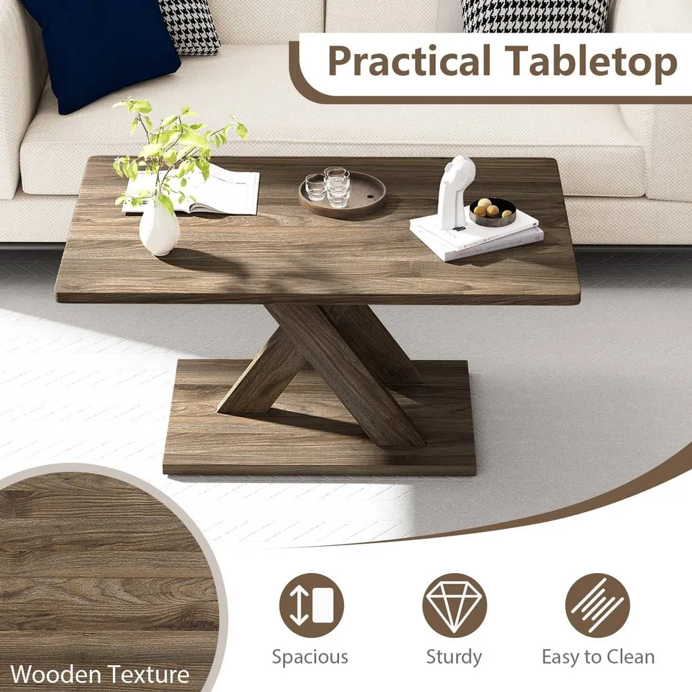 Costway 95CM Coffee Table Rectangular Center Table Farmhouse Cocktail Table in Brown 3