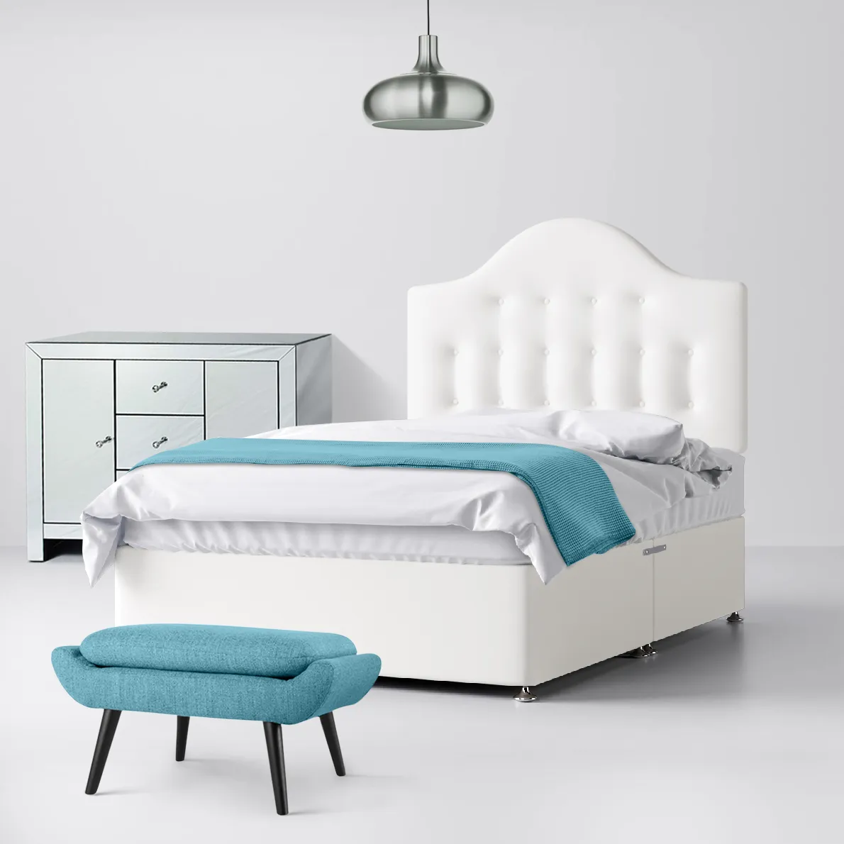 Victor Buttoned White Fabric No Drawer Divan Bed - 4ft Small Double