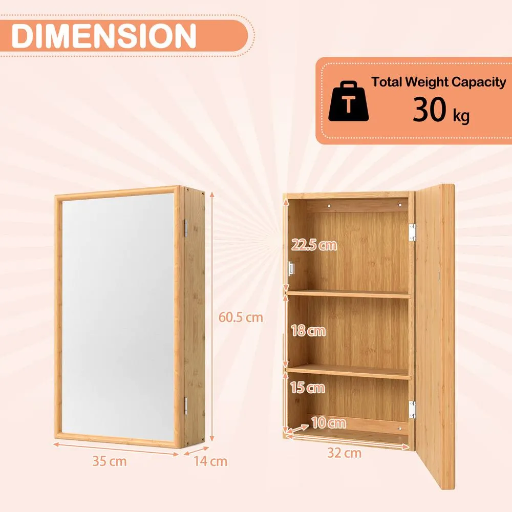 Costway Bathroom Wall Cabinet Bamboo Medicine Cabinet w/Mirror & 2 Shelves in Natural 2