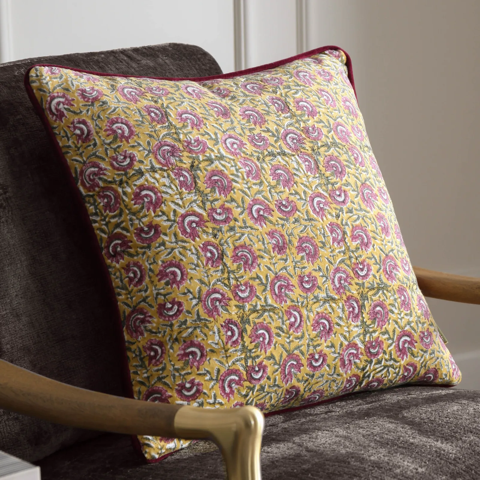 Paoletti Chedworth Piped Velvet Cushion Gold/Rose, Gold