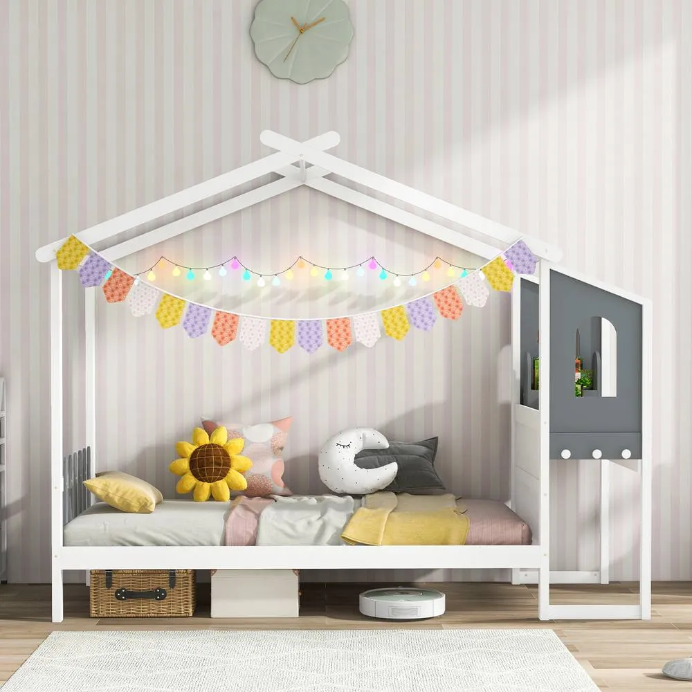 Costway Single House Bed Wood Montessori Bed Frame Playhouse Bed w/Desk in White 3