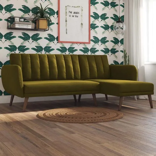Brittany Linen Sectional Sofa Bed In Green With Wooden Legs
