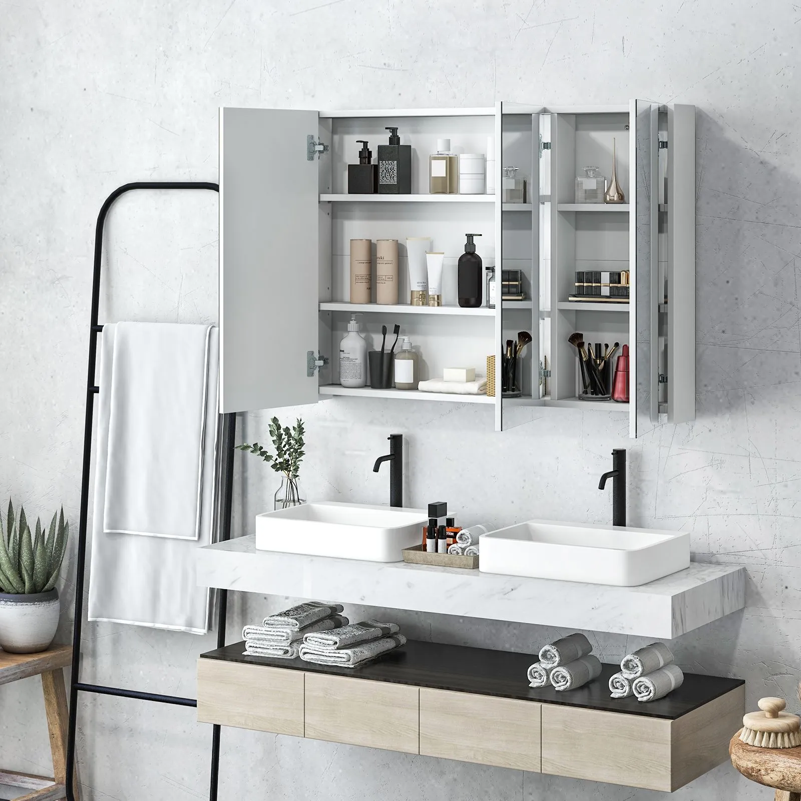 Costway Wall-Mounted Bathroom Mirror Cabinet 3 Door Storage Cupboard Adjustable Shelves in White 3