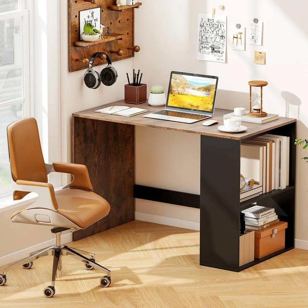 Costway Modern Wooden Office Desk with 2 Open Shelves in Brown 3